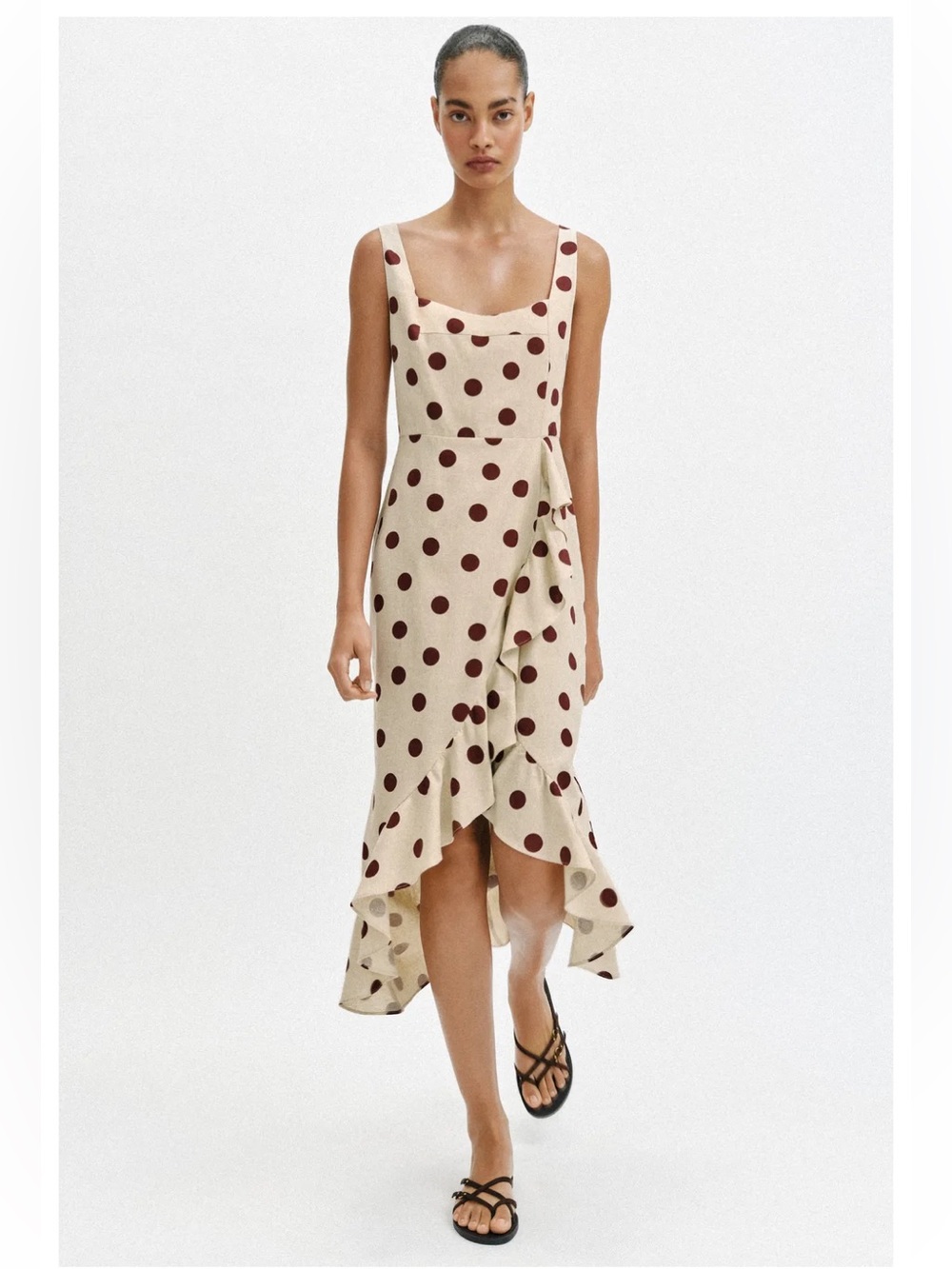 ZARA LINEN BLEND POLKA DOT MIDI DRESS